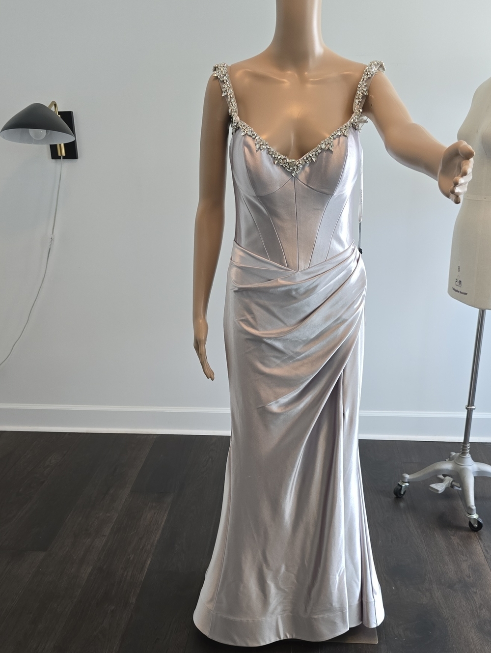 Sherri Hill Silver Beaded Strap Satin Evening Gown